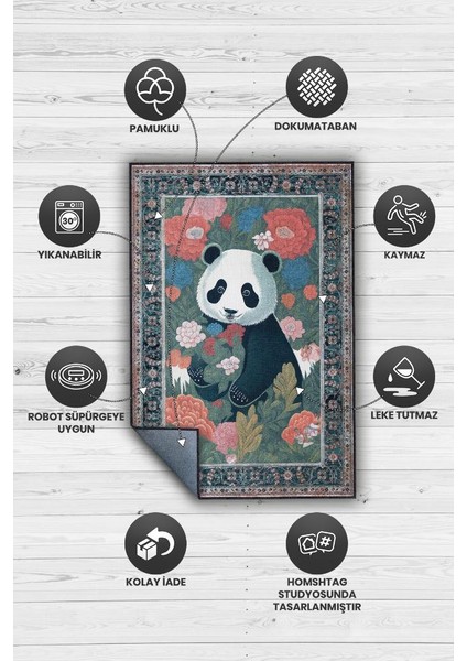 Nuh'un Gemisi Koleksiyonu Panda, Çiçek Desenli Art Deco Tarzı Vintage Halı,Çok Renkli Maksimalist Halı