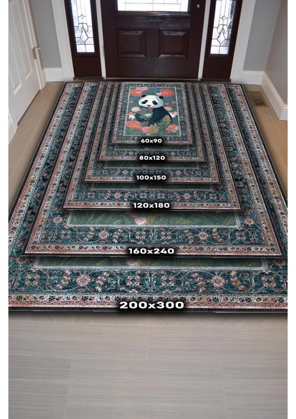 Nuh'un Gemisi Koleksiyonu Panda, Çiçek Desenli Art Deco Tarzı Vintage Halı,Çok Renkli Maksimalist Halı
