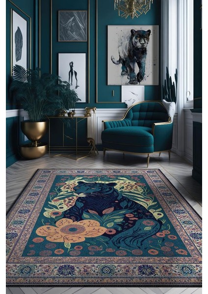 Nuh'un Gemisi Koleksiyonu Panter, Çiçek Desenli Art Deco Tarzı Vintage Halı,Çok Renkli Maksimalist Halı