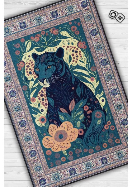 Nuh'un Gemisi Koleksiyonu Panter, Çiçek Desenli Art Deco Tarzı Vintage Halı,Çok Renkli Maksimalist Halı
