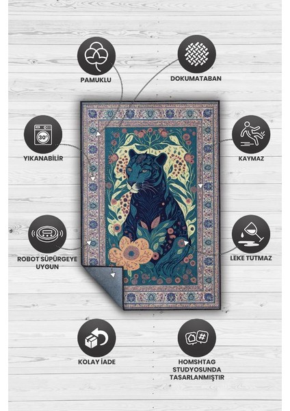 Nuh'un Gemisi Koleksiyonu Panter, Çiçek Desenli Art Deco Tarzı Vintage Halı,Çok Renkli Maksimalist Halı