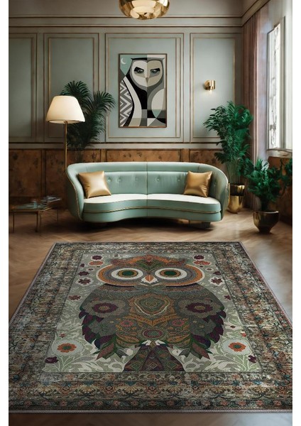 Nuh'un Gemisi Koleksiyonu Baykuş, Çiçek Desenli Art Deco Tarzı Vintage Halı,Çok Renkli Maksimalist Halı