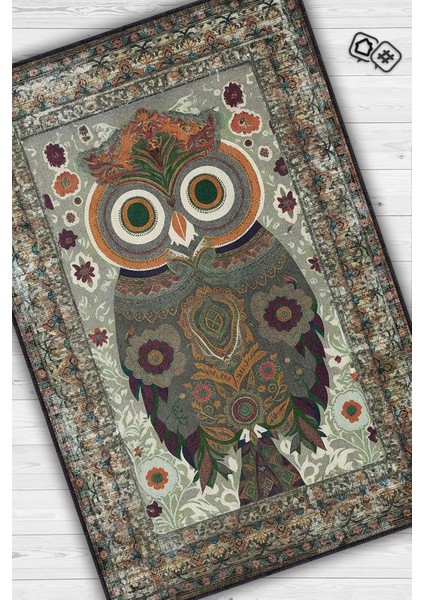 Nuh'un Gemisi Koleksiyonu Baykuş, Çiçek Desenli Art Deco Tarzı Vintage Halı,Çok Renkli Maksimalist Halı