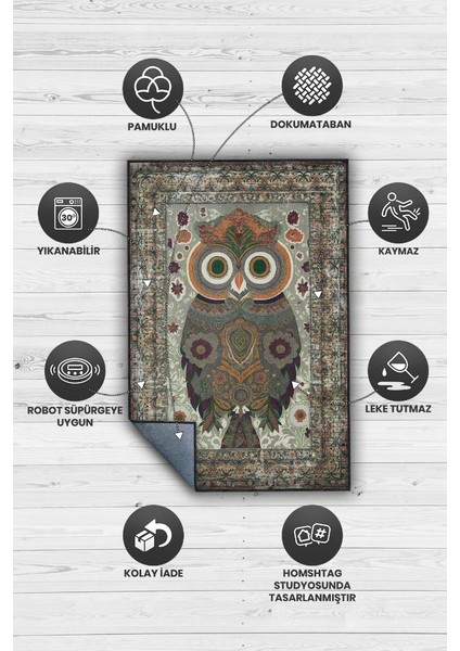 Nuh'un Gemisi Koleksiyonu Baykuş, Çiçek Desenli Art Deco Tarzı Vintage Halı,Çok Renkli Maksimalist Halı