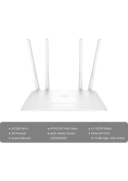 WR1200 Dual 2.4/5ghz 4X5DBI Anten 1200MBPS 5 Port Wi-Fi ROUTER(AC1200 Serisi)