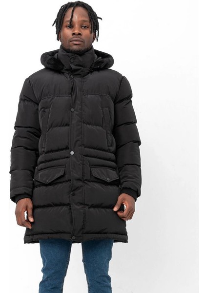 Su ve Rüzgar Geçirmez Kalın Şişme Siyah Uzun Mont