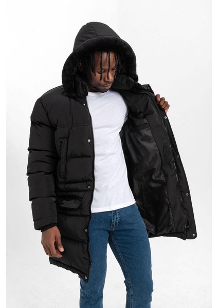 Su ve Rüzgar Geçirmez Kalın Şişme Siyah Uzun Mont modelleri