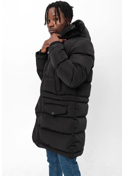 Su ve Rüzgar Geçirmez Kalın Şişme Siyah Uzun Mont fırsatları