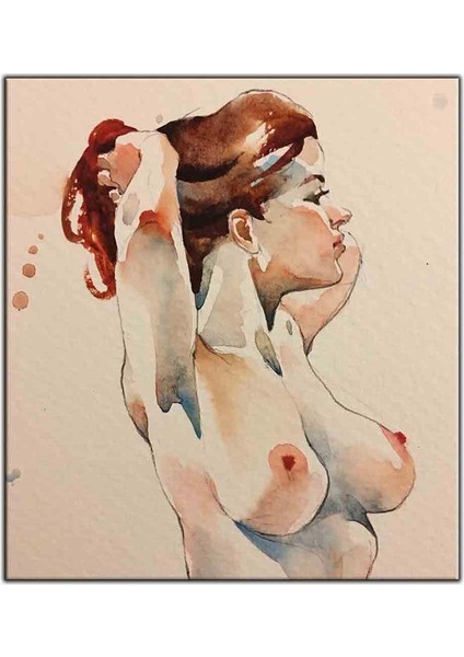 Saçlarını Düzelten Kadın Nü Suluboya Görünümlü Kanvas Tablo