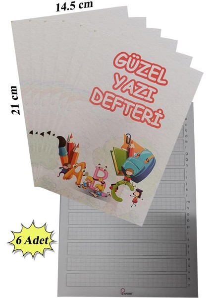 Güzel Yazı Defteri Küçük Boy 14,5X21 cm 24 Yaprak 6 Adet Klavuzlu Standart Çizgili Yazı Defteri Dik Temel Harflerle 1. Sınıf