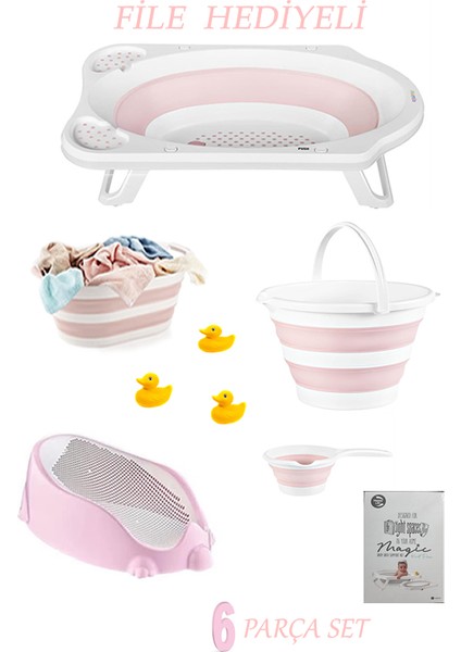 6'lı Bebek Küvet Set (Fileli) Cm-6 Parça Pembe Set Katlanır