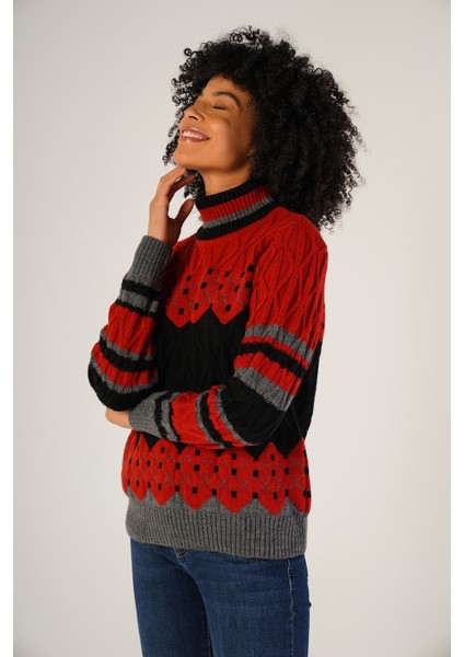 Kadın Koyu Gri-Siyah Jakarlı Saç Yürütme Desenli Balıkçı Yaka Yün Kazak TRIST-6152 fiyatları