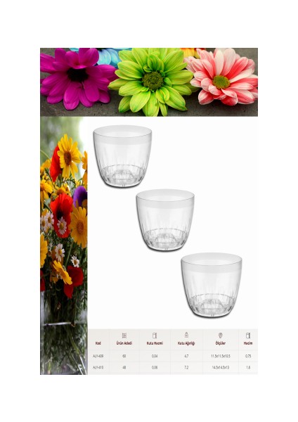 AdetAlya Kristal Çiçek Saksısı 3 Adet 1,6 Lt -(Aly-410)