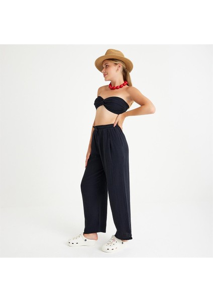 %100 Pamuklu Dokuma Müslin Düğüm Crop Top Arkası Lastikli 2'li Pantolon Takım