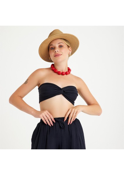 %100 Pamuklu Dokuma Müslin Düğüm Crop Top Arkası Lastikli 2'li Pantolon Takım