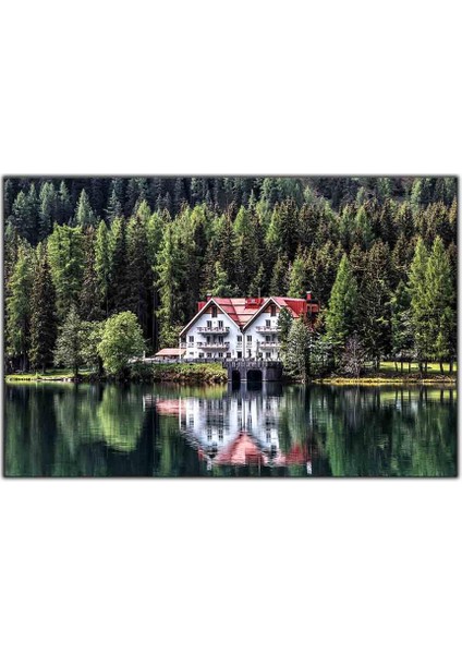 Göl Kenarındaki Kırmızı Çatılı Ev Kanvas Tablo