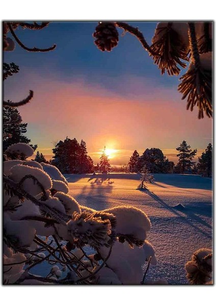 Karların Altındaki Çam Ağaçları ve Gün Batımı Kanvas Tablo
