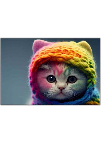 Renkli Şapkalı Yavru Kedi Kanvas Tablo