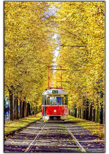 Sarı Ağaçlı Yoldaki Kırmızı Tren Kanvas Tablo