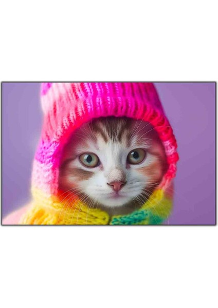 Renkli Örgü Şapkalı Yeşil Gözlü Yavru Kedi Kanvas Tablo