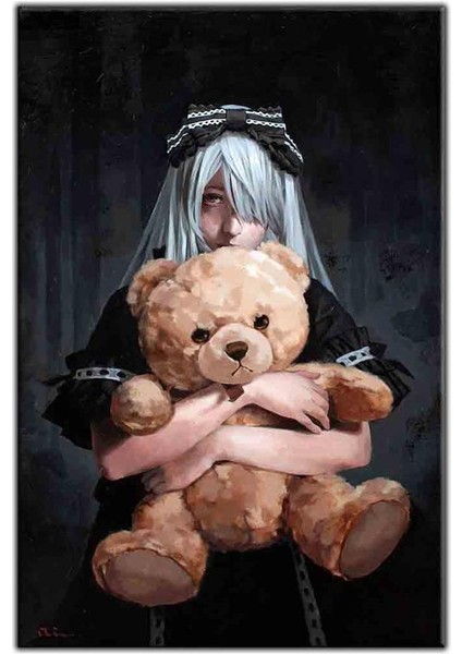 Oyuncak Ayıya Sarılan Anime Kız Kanvas Tablo