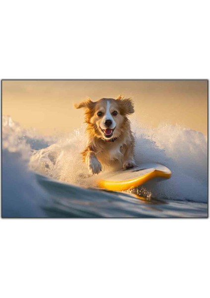Sörf Yapan Sarı Tüylü Köpek Kanvas Tablo
