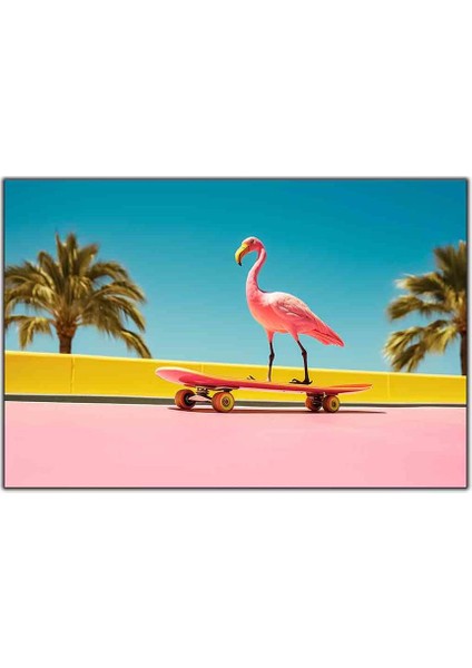 Pembe Kaykay Süren Flamingo Kanvas Tablo