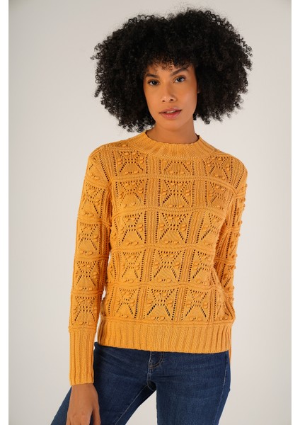 Kadın Sarı Pon Pon Desenli Ajurlu Bisiklet Yaka %100 Pamuk Kazak TRIST-6153