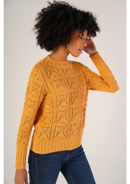 Kadın Sarı Pon Pon Desenli Ajurlu Bisiklet Yaka %100 Pamuk Kazak TRIST-6153 fiyatları