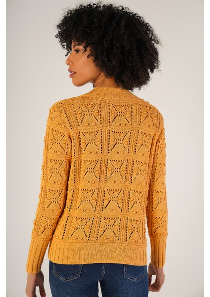 Kadın Sarı Pon Pon Desenli Ajurlu Bisiklet Yaka %100 Pamuk Kazak TRIST-6153 modelleri