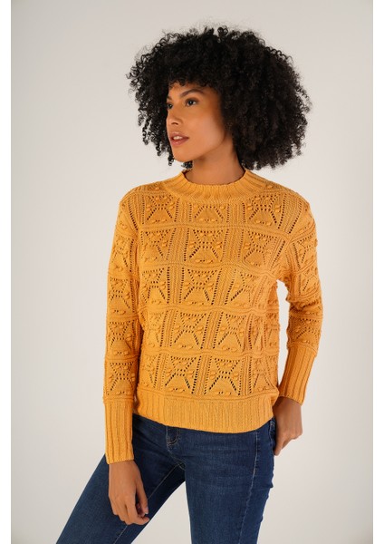 Kadın Sarı Pon Pon Desenli Ajurlu Bisiklet Yaka %100 Pamuk Kazak TRIST-6153 fırsatları