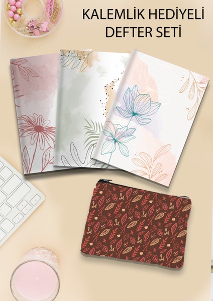 3 Lü Çizgisiz Defter Seti +(Kalemlik Hediye) Not Defteri 64 Sayfa Notebook 14X21 cm A5 Boy