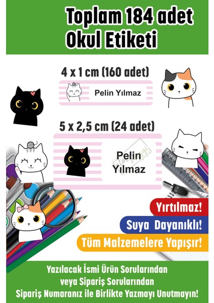 Okul Etiketi Kalem Defter Etiketi Isme Özel Neşeli Kediler