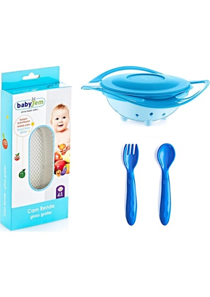 Babyjem Cam Rende + Dökülmeyen Tabak Mavi + Mama Kaşık Çatal Takımı Mavi
