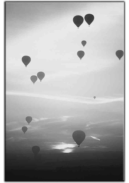 Siyah Beyaz Kapadokya Uçan Balonlar Kanvas Tablo