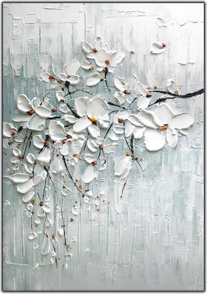 Dallarındaki Beyaz Çiçekler Yoğun Yağlı Boya Dokulu Tablo