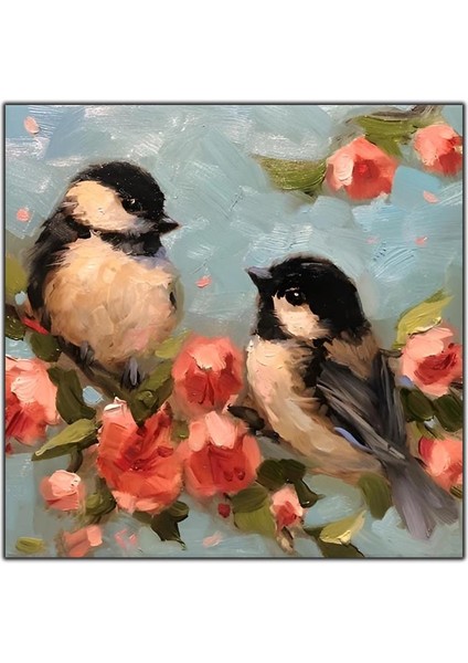 Aşık Serçe Kuşları Yağlı Boya Dokulu Tablo