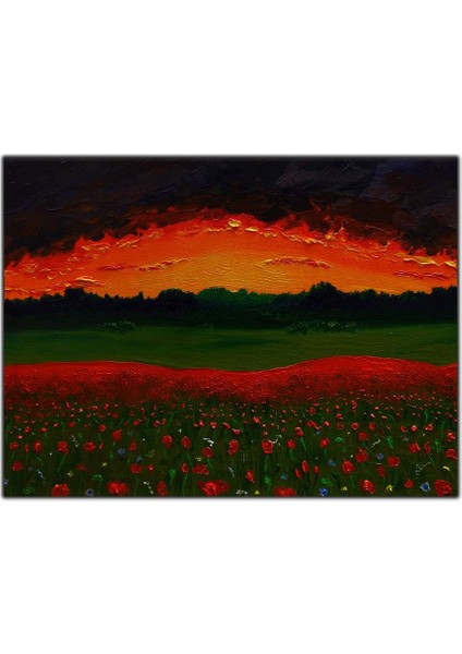 Gün Batımı ve Kırmızı Çiçekler Yoğun Yağlı Boya Dokulu Tablo