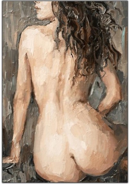 Arkası Dönük Oturan Nü Kadın Yağlı Boya Dokulu Tablo