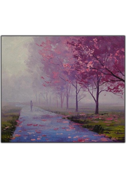 Yalnız Insan ve Pembe Ağaçlar Yağlı Boya Dokulu Tablo