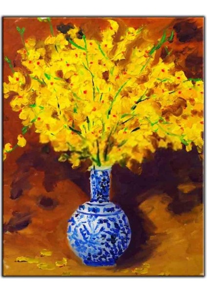 Mavi Vazodaki Sarı Çiçekler Yoğun Yağlıboya Dokulu Tablo