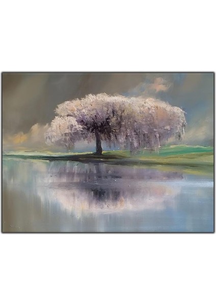 Yalnız Lila Ağaç ve Göl Yağlı Boya Dokulu Tablo