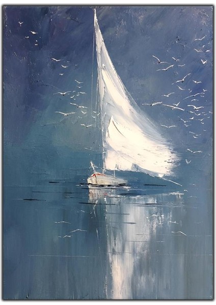 Yelkenli ve Martılar Yağlı Boya Dokulu Tablo