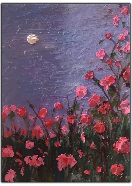 Pembe Çiçekler ve Ay Yoğun Yağlı Boya Dokulu Tablo