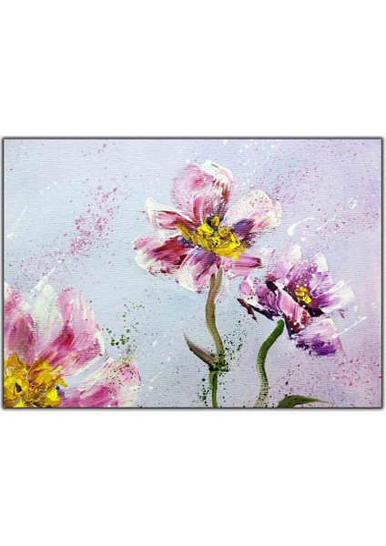 Mor ve Pembe Yapraklı Çiçek Yağlı Boya Dokulu Tablo