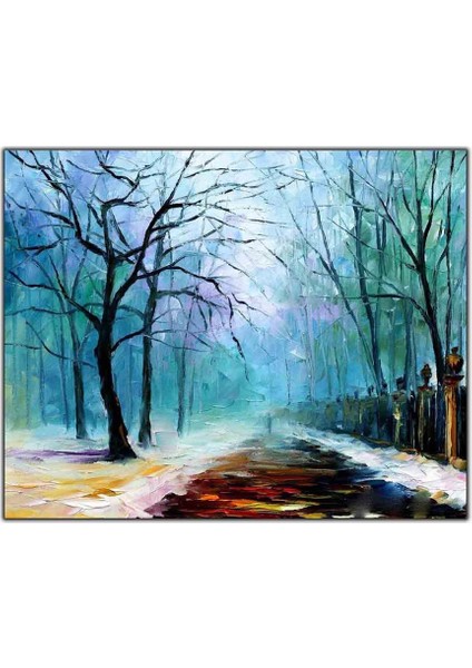 Yolun Kenarındaki Yaprakları Dökülmüş Siyah Ağaçlar Yağlı Boya Dokulu Tablo