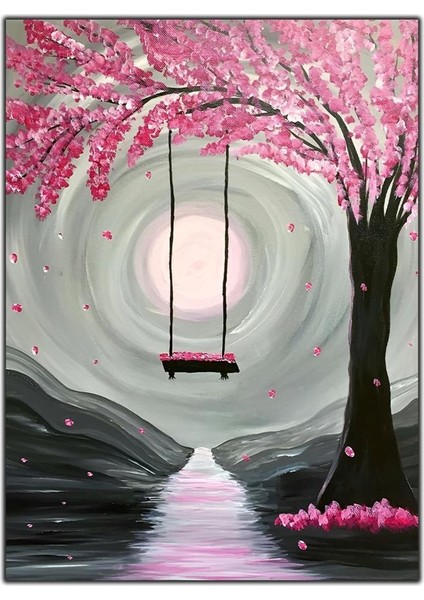 Gece Yarısında Salıncak ve Pembe Ağaçlar Yoğun Yağlı Boya Dokulu Tablo