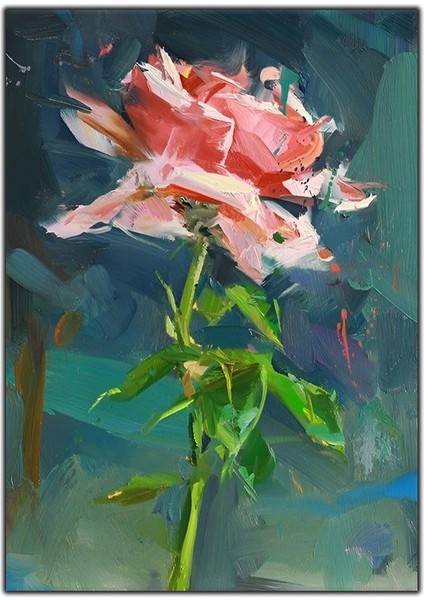 Pembe Gül ve Yaprakları Yoğun Yağlı Boya Dokulu Tablo