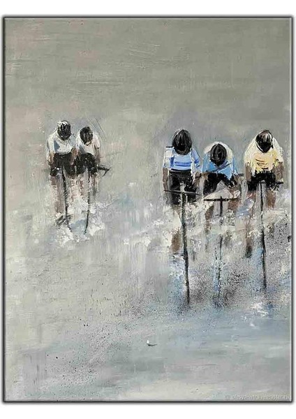 Bisiklet Yarışı Yapan Çocuklar Yağlı Boya Dokulu Tablo