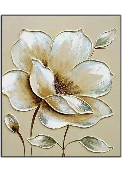 Beyaz Yapraklı Çiçek Yağlı Boya Dokulu Tablo